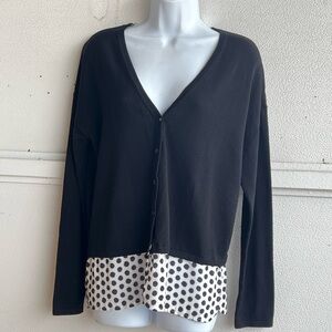 Chicos Cardigan Sweater Button Up Cotton Knit Black Polka Dot Skirting Size M(8)